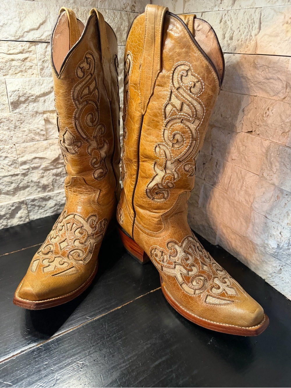 Herencia Boots Honey Sparkle Inlay Leather Cowgirl Snip Toe Women US 9, Mex 26